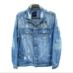 Cavalini Distressed Oversized Trucker Button Front Denim Jean Jacket Women M